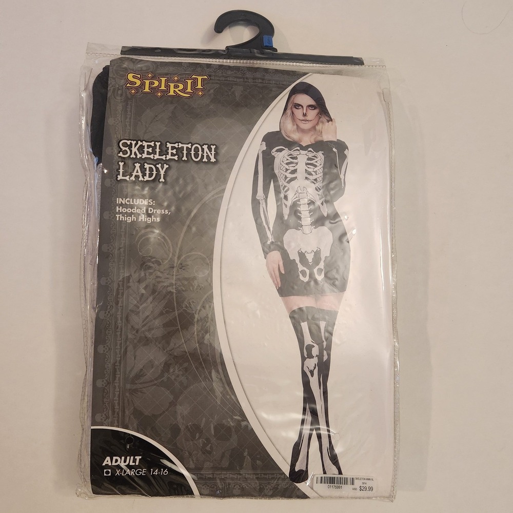 Spirit Halloween Skeleton Lady Costume Adult XL 14-16 Hooded Dress Thigh Highs